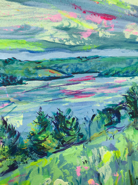 detail of the creeks of Falmouth Harbour, towards Tregothnan and the King Harry Ferry, Chloë Tinsley, Cornish Art, Painting in Greens and Pinks