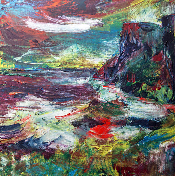Chloe Art, Chloe Gallery, Chloe Gallery UK, en plein air, Chloe Tinsley, Chloe Tinsley Artist, colourful art, stormy scene, angus art, scottish colourist, top collector, female painters, female artist painters, perfect sea, new years day, square painting, red painting, cliff painting, lunan bay, lunan collection, private collection, walk scotland, lunan bay, ethie mains, light on canvas, dramatic light, dramatic sea, inspiring art
