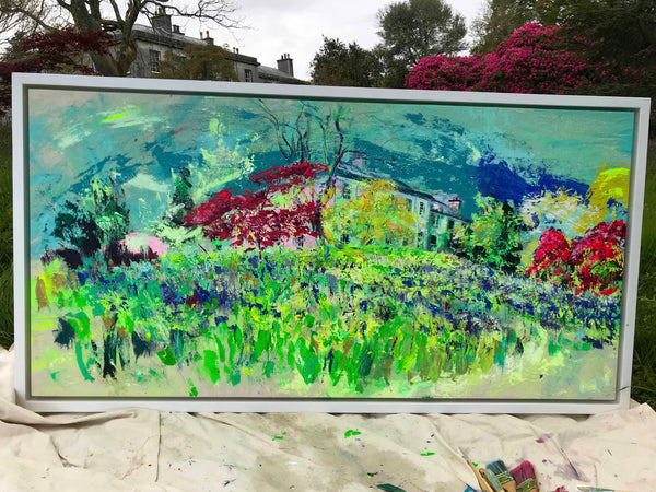 Enys House, Idyll painting in situ, Chloë Tinsley Art, Inspiring Art, Plein air artist, Enys Gardens, Enys Bluebells, En plein air, plein air cornwall, online art gallery, love art, love paintings, female painters, female artist painters, colourful art, colourist, enys art, cornish art, enys bluebells, cornish artists, the idyll, idyll picture, cornish house portrait, visual arts, art magazines,