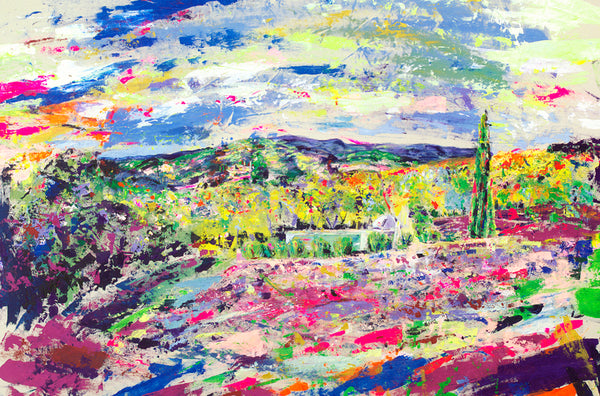 Tuscan Idyll, Monterchi, Chloe Art, Chloe Gallery, Monterchi Painting, Madonna del Parto, Hockney, After Hockney, Chloe Art, Chloe Tinsley, Chloe Tinsley Art, en plein air, colourful art, inspiring art, chloe gallery, chloe gallery uk, top female british artists, contemporary paintings, inspiring art, goose bump painting, tingly paintings, creative art, dynamic art, neon art, hyper colour art, colourists, sunset italy, italian painting, tuscan hills, best painting of tuscany, large canvas pictures