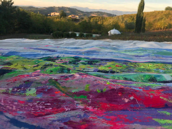 Chloe Tinsley, Chloe Gallery, Chloe Gallery UK, Painting in Italy, Italian Paintings, Tuscan Style, Tuscan Colours, villas in Tuscany with pool, Monterchi, Tuscan Decor, Toskana, Madonna del Party, italdesign, fertility symbols, la madonna, Venus, Athena, Tuscan Landscape Painting, Tuscan painting, Tuscany village, sansepolcro, il palazetto. after Hockney, Chloe Art, Plain Air Artist, Cypress painting, Splash Hockney, Splash Painting, modern wall art, large canvas pictures