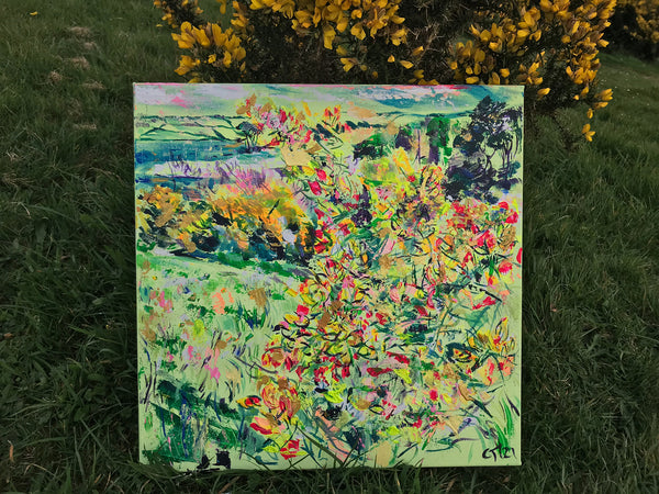Chloë Tinsley, British Artist, Painting in Situ, Gorse Painting, Yellow Painting, Vibrant Art, of the landscape, Wildscapes, Cornish Artist, Mylor Creek, Church Road Mylor, Restronguet Barton, Mylor Harbour, Falmouth Art, Falmouth Artist, 