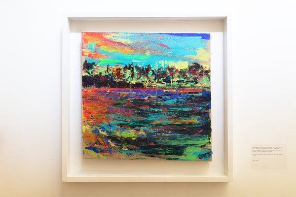 View to the Pandora Inn, Mylor Bridge,  from Restronguet Point by artist Chloë Tinsley in a white tray frame, painted at sunset with vivid colour and boats on the hard, Falmouth, Cornish Art , photo credit to Kasia Murfet