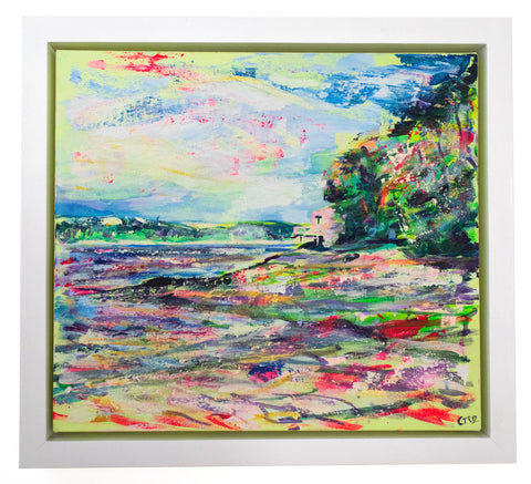 weir, weir beach, pandora inn, Carrick Roads, Restronguet Barton, Restronguet point, Mylor Harbour, Roseland, Chloe tinsley, Chloe art, wild art, vibrant art, square painting on canvas of a boat house at low tide on weir beach, with the Roseland in the distance yb cornish artist Chloë Tinsley