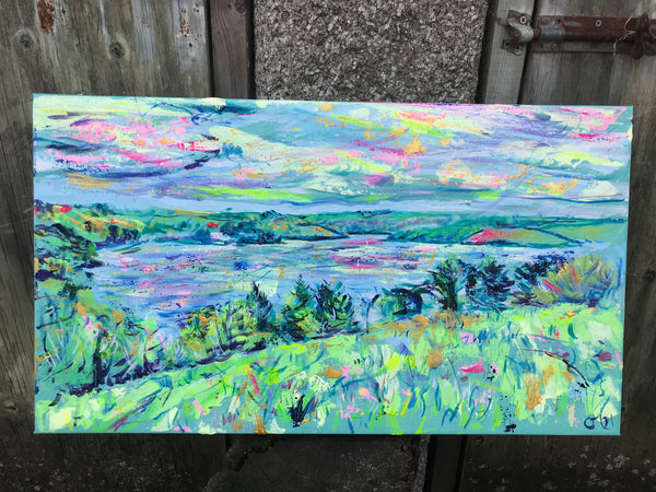 Restronguet Barton, Restronguet Barton Painting, Restronguet Artist, Carrick Roads Painting, Painting in greens and pink of the view towards the Roseland Peninsula, King Harry Ferry, Tregothnan and Looe Beach from the Mylor Headland at Restronguet Barton Farm by Chloë Tinsley, studio photo