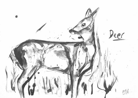 Deer print, dear art, deer art, love deer, deer in grass, deer painting, deer ink, buy deer art online, online deer art, Yorkshire deer art, red deer art, doe deer art, wild art, deer ink, pausing deer print